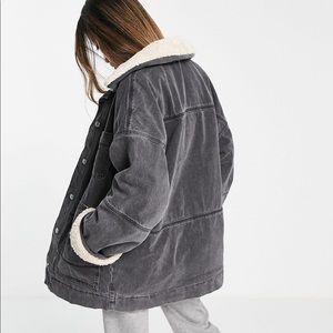 Topshop carpenter denim Sherpa coat in Washed Black